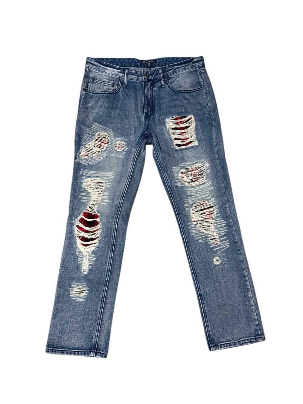 Men's Distressed Blue Denim Jeans with Red Underlay